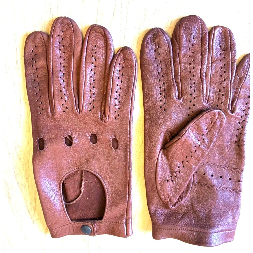 VTG Capioca Italy Mens Brown Leather Driving Gloves Knuckle Cutout Snap Luxury L